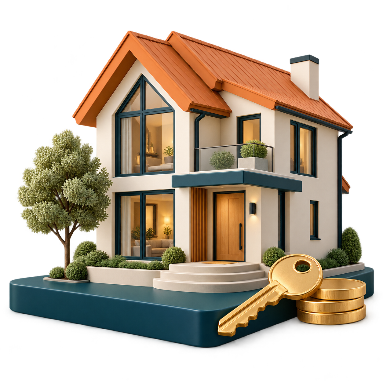 Three-dimensional home with a terracotta roof, teal windows, a brass key and coins
